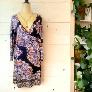 Navy Paisley Faux Wrap Dress, Lightweight Navy Blue Dress Knee Length Midi Dress